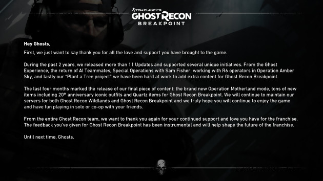 Ghost Recon Breakpoint: no habrá seguimiento, Ubisoft finaliza el juego y explica
